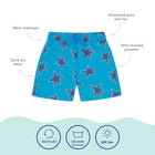 UV Protective Swim Shorts Blue Starfish: close up of blue swim shorts with starfish pattern and labeled product features.